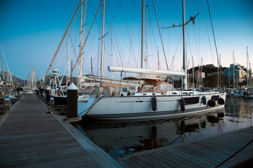 Fototapeta premium wooden surface pier and boats docked at dawn in the marina of Cartajena