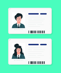 Plastic identification cards of a woman and a man. Vector. Car driver license isolated on a blue background. Flat cartoon style. Student, corporate pass.