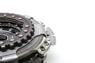 a part of car automatic transmission clutch basket. clutch with disk DSG on white background from the side