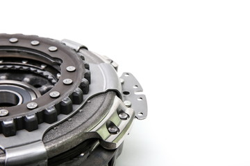 a part of car automatic transmission clutch basket. clutch with disk DSG on white background from...