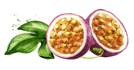 Half passion fruit maracuya with green leaf. Watercolor hand drawn illustration, isolated on white background