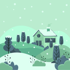 winter landscape with houses and christmas trees. flat design illustration