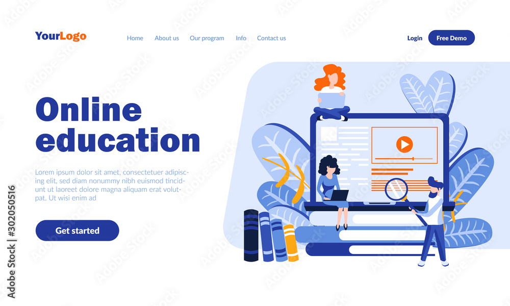 Poster Online education vector landing page template with header. Educational program app web banner, homepage design with flat illustrations. Modern schooling system. E learning, study concept