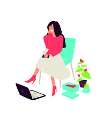 Illustration of a cute girl sitting in a chair. Vector. Female shopper, shopaholic makes purchases on the Internet. Fashionable casual girl. Flat style. Trying on a new product.