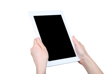 Tablet computer in female hands isolated on white background