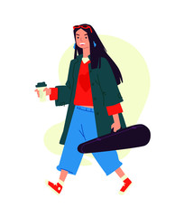 Illustration of a girl with cappuccino coffee. Vector. A woman runs to a rehearsal in the morning. Everyday musician. An invigorating morning coffee. A hired killer in a violin case carries a rifle. F