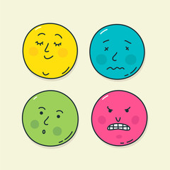 Four very popular emoticons. Illustrations of emotional states. Icons for website and labels. Kawaii Emoji. Chubby faces in the form of stickers.