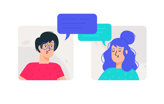 Illustrations of man and woman in ordinary images.  The couple communicates on the Internet or live. Chatting young people. Avatars of a girl and a guy.