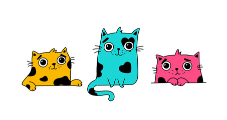 Illustration of a cute kitty.  Colored cute cats. Flat kawaii style. Heroes for postcards. Mascot for the company, drawing for t-shirts and greeting cards.