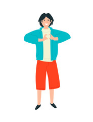 Illustration of a guy showing a heart on his fingers. A young boy experiences feelings of love for the world around him. Flat style. Image isolated on a white background. Demonstration of emotions.