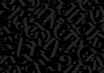 Black background with gray gothic letters. Gloomy pattern for text and fabric.