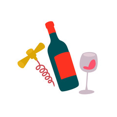 Illustration of a bottle of wine, a glass and a corkscrew.  Sticker for wine drinks. Icon for website and label. Badge for wine lovers.