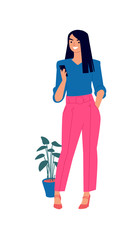 Illustration of a cute girl in a blue blouse and pink pants. Vector. Woman with a telephone. Casual style of dress. Flat style. Image is isolated on a white background.