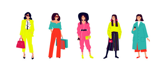 Illustration of a young fashionable girls. Women shoppers and shopaholics. Ordinary girls with phones posing. Flat style. Girls are isolated on a white background.
