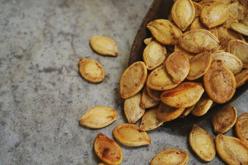 Oven roasted Pumpkin seeds, selectuve focus