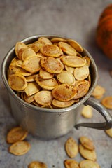 Oven roasted Pumpkin seeds, selectuve focus