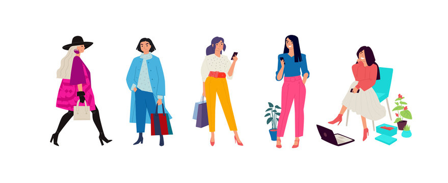 Illustration of fashionable girls in bright clothes. Women go about their business. Casual style of dress. Flat style. Image is isolated on a white background.