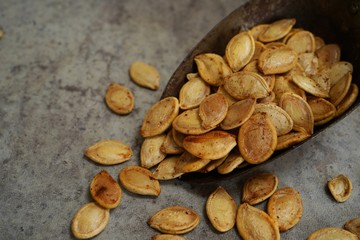 Oven roasted Pumpkin seeds, selectuve focus