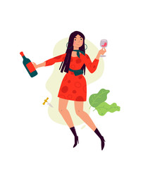 Illustration of a girl in a dress with a glass of wine. A woman celebrates a holiday, drinks wine and dances. Rest and party. Fun all night. A little bit drunk lady, without complexes. Flat style.