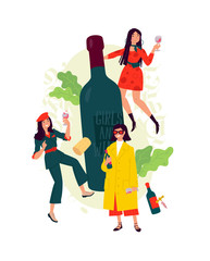 Illustration of girls with a glass of wine around the bottle. Women celebrate the holiday, have fun and relax. Party all night March 8th. Slightly drunken ladies, without complexes. Wine lovers.