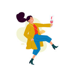 Illustration of a girl with a glass of wine. A woman celebrates a holiday, drinks wine and dances. Rest and party. Fun all night. A little bit drunk lady, without complexes. Flat style.