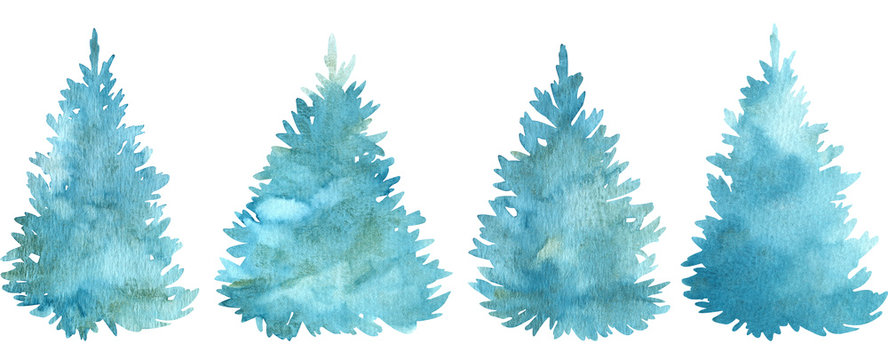 Watercolor blue Christmas trees. Conifer holiday trees. Hand-drawn illustration.