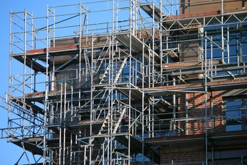 Close-up of a scaffolding on a corner of an apartment building