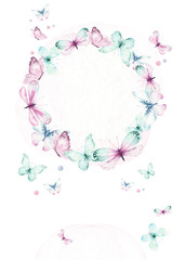 Plakat Watercolor colorful butterflies wreath, isolated butterfly on white background. blue, yellow, pink and red butterfly spring illustration.
