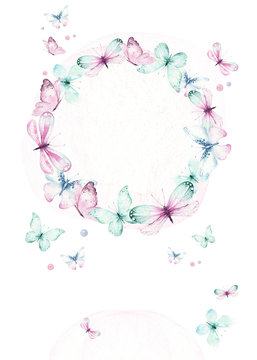 Watercolor colorful butterflies wreath, isolated butterfly on white background. blue, yellow, pink and red butterfly spring illustration.