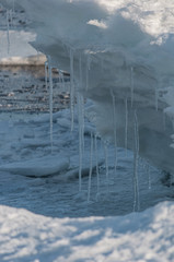 Ice formations and icicles on the shores of the Gulf of Bothnia in Pori, Finland