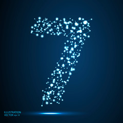 Abstract number seven, figure 7, consisting of lines, network, flashes, circles, decay spots, stars, energy, lightning. Vector eps 10.