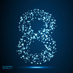 Abstract number eight, figure 8, consisting of lines, network, flashes, circles, decay spots, stars, energy, lightning. Vector eps 10.