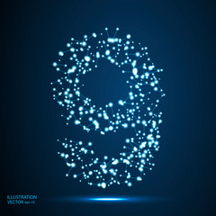 Abstract number nine, figure 9, consisting of lines, network, flashes, circles, decay spots, stars, energy, lightning. Vector eps 10.