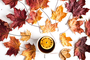 Cup of tea and colorful leaves on white background. Top view composition