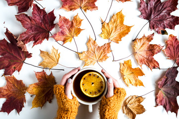 Autumn leaves and tea with orange on white background. Autumn season concept