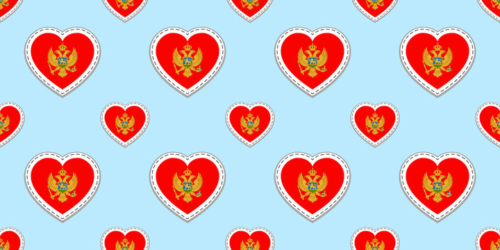 Montenegro flag background. Montenegrin vector stickers. Love hearts symbols flags seamless pattern. Good choice for sports pages, travel, school elements. patriotic wallpaper.
