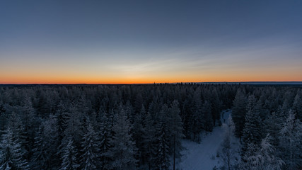Forests and a snowy road in winter after sunset in Finland
