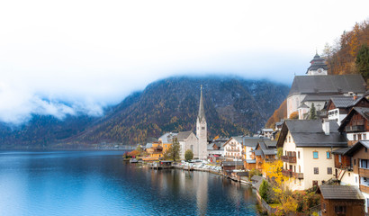 Scenic picture-postcard view of famous Hallstatt, UNESCO mountain village in the Austrian Alps at beautiful light in summer, Salzkammergut region, Hallstatt, Austria