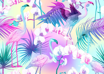 Seamless pattern, background with tropical plants, flowers and birds. Colored vector illustration in neon, fluorescent colors. In light ultra violet pastel colors on mesh pink, blue background