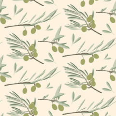 Ripe olives. Olive branches Vector seamless pattern. Hand Drawn doodle olive tree twigs, olive berries.