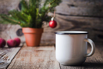 Hot chocolate, cocoa  on the festive rustic wooden table