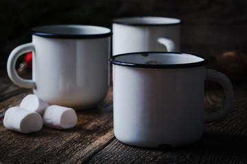 Hot chocolate, cocoa  on the festive rustic wooden table