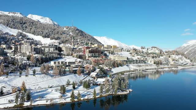 Engadine, village of St.Moritz.  Winter season in the Swiss Alps, aerila view with a drone
