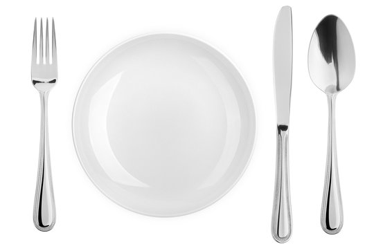 Empty plate, fork, knife, spoon, cutlery isolated on white background, clipping path, top view