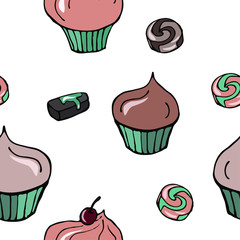Food vector illustration. Sweets, dessert, muffins, pastries. For print, design, back surface, textile, packaging, canvas. Colored hand drawn vector illustration. Seamless color patterns.
