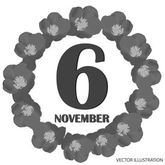 November 6 icon. For planning important day. Banner for holidays and special days. Vector illustration in black and white colors.