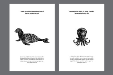 Poster templates eco kit. Sea animals silhouettes- black garbage bag. Concept of saving the environment and plastic pollution of the world ocean