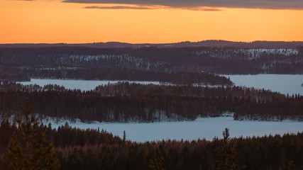 Winter forest landscape after the sun has set and colored the scenery seen from the top of a hill in Eastern Finland