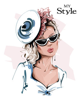 Hand drawn beautiful young woman in hat. Stylish girl in sunglasses. Fashion woman look. Sketch. Vector illustration.