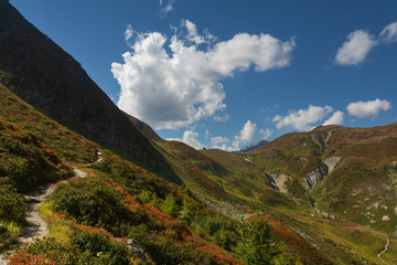 Wonderful views of the mountains in the Swiss Alps with backpackers.	